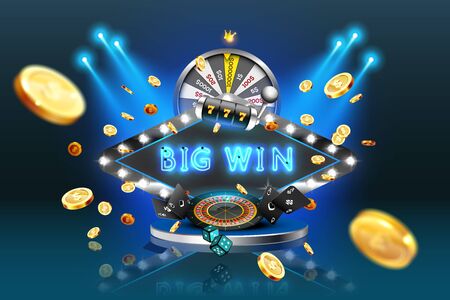 A neon banner is a big win surrounded by casino attributes: roulette, playing cards, slot machine, wheel of fortune, against the background of spotlights and an explosion of gold coins. Vector illustrationのイラスト素材
