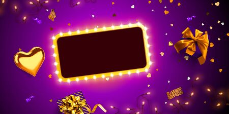 Realistic festive design of retro frame with light bulbs, boxs heart shaped, sparkling golden confetti, air balloons. Vector illustration Happy Valentine's Day. Holiday banner template, greeting cardsのイラスト素材