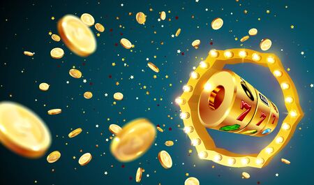 Golden slot machine wins the jackpot 777 on on the background of an explosion of coins and retro frame. Vector illustrationのイラスト素材