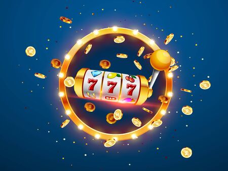 Golden slot machine wins the jackpot 777 on on the background of an explosion of coins and retro frame. Vector illustrationのイラスト素材