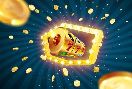 Golden slot machine wins the jackpot 777 on on the background of an explosion of coins and retro frame. Vector illustrationのイラスト素材
