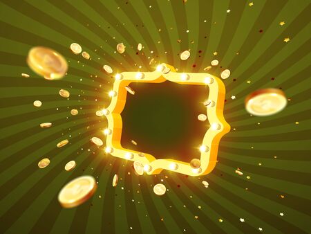 Vector illustration of an explosion of gold coins in a retro frame. Vintage frame with incandescent lamps. Background for the casino.のイラスト素材