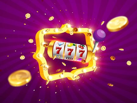 Golden slot machine wins the jackpot 777 on on the background of an explosion of coins and retro frame. Vector illustrationのイラスト素材