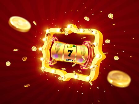 Golden slot machine wins the jackpot 777 on on the background of an explosion of coins and retro frame. Vector illustrationのイラスト素材