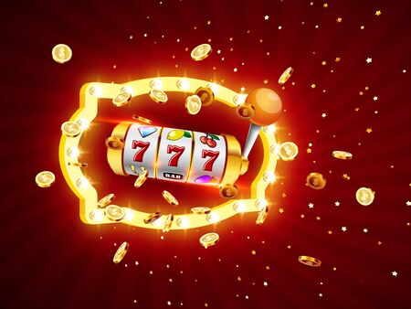 Golden slot machine wins the jackpot 777 on on the background of an explosion of coins and retro frame. Vector illustrationのイラスト素材