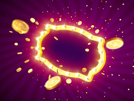 Vector illustration of an explosion of gold coins in a retro frame. Vintage frame with incandescent lamps. Background for the casino.のイラスト素材