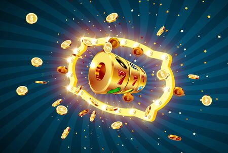 Golden slot machine wins the jackpot 777 on on the background of an explosion of coins and retro frame. Vector illustrationのイラスト素材