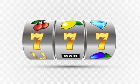 Vector illustration slot machine with lucky three sevens jackpot in realistic style on transparent backgroundのイラスト素材