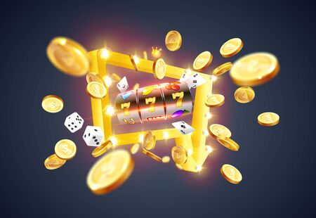 Golden slot machine wins the jackpot 777 on on the background of an explosion of coins and retro frame. Vector illustrationのイラスト素材