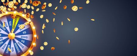 Vector illustration spinning fortune wheel on explosion of gold coins background. Realistic 3d lucky roulette.のイラスト素材