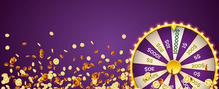 Vector illustration spinning fortune wheel on explosion of gold coins background. Realistic 3d lucky roulette.のイラスト素材