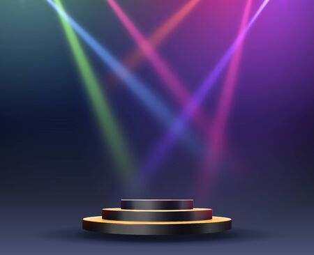 Empty round pedestal or platform illuminated by spotlights. Stage with scenic lights. Realistic 3D podium on show background. Vector illustration.のイラスト素材