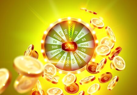 Vector illustration spinning fortune wheel on explosion of gold coins background and with light spotlights. Realistic 3d lucky roulette.のイラスト素材