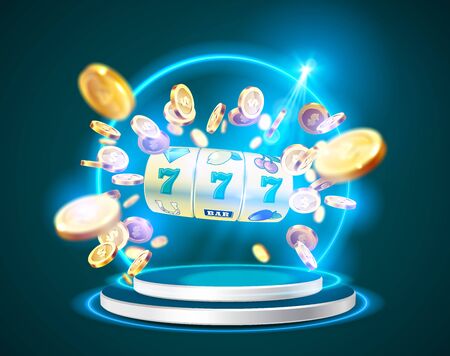 Golden slot machine wins the jackpot 777 on background of an explosion of coins frame. Vector illustration. Round podium and glowing frame illuminated by spotlights.のイラスト素材