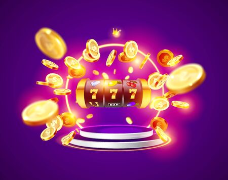 Golden slot machine wins the jackpot 777 on background of an explosion of coins frame. Vector illustration. Round podium and glowing frame illuminated by spotlights.のイラスト素材