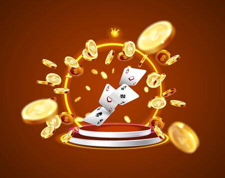 The four aces, surrounded by a luminous frame and attributes of gambling, on the podium, on a explosion coins background. The new, best design of the luck banner, for gambling, casinoのイラスト素材