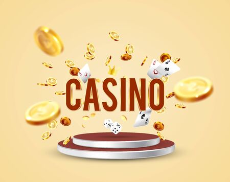 The word Casino, surrounded by a luminous frame and attributes of gambling, on the podium, on a explosion coins background. The new, best design of the luck banner, for gambling, casinoのイラスト素材