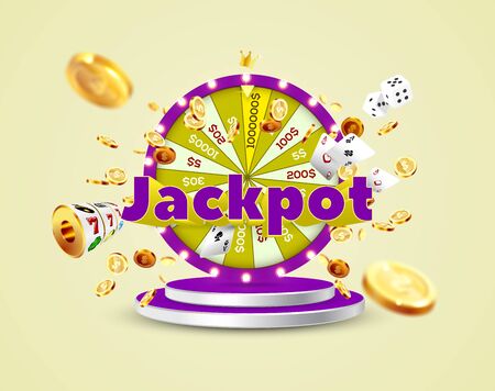 The word Jackpot, surrounded by a luminous frame and attributes of gambling, on the podium, on a explosion coins background. The new, best design of the luck banner, for gambling, casinoのイラスト素材
