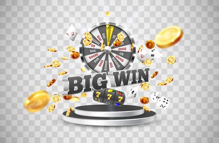 The word Big Win, surrounded by a luminous frame and attributes of gambling, on the podium, on a explosion coins, on transparent background. The new, best design of the luck banner, for casinoのイラスト素材