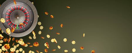 Vector illustration gambling roulette wheel isolated on coins explosion background. Realistic concept design for casinoのイラスト素材
