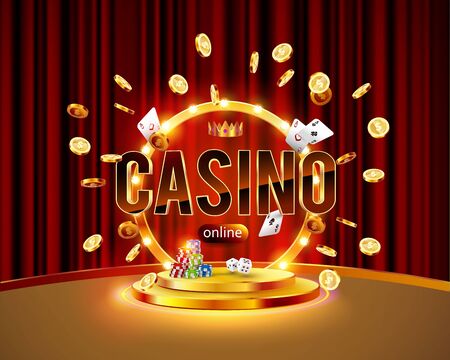 The word Casino, surrounded by a luminous frame and attributes of gambling, on the podium, on a explosion coins background. The new, best design of the luck banner, for gambling, casinoのイラスト素材