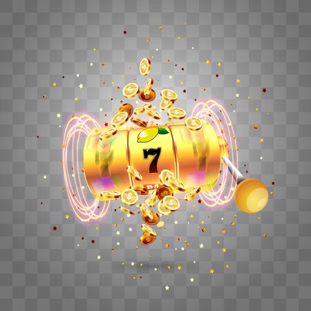 Golden slot machine wins the jackpot 777 on transparent of an explosion of coins.のイラスト素材