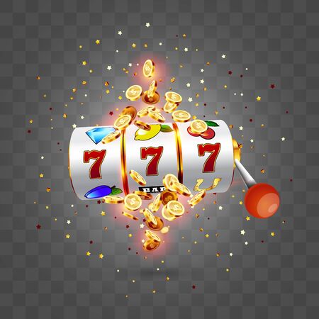 Golden slot machine wins the jackpot 777 on transparent background of an explosion of coins. Vector illustrationのイラスト素材