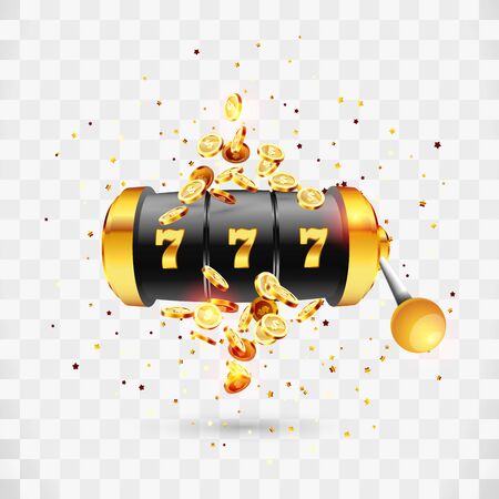 Golden slot machine wins the jackpot 777 on transparent background of an explosion of coins. Vector illustrationのイラスト素材