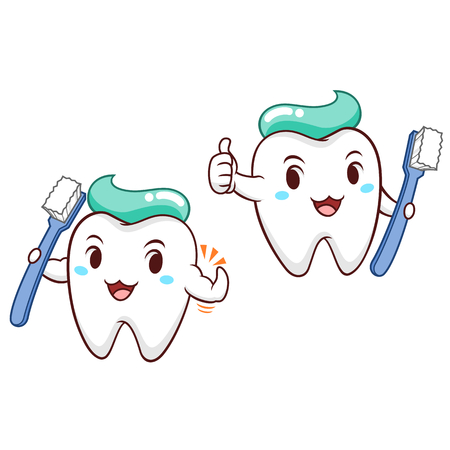 Cartoon Illustration of tooth holding toothbrush.のイラスト素材