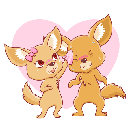 Cute couple of fennec foxes falling in love isolated on white background.のイラスト素材