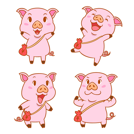 Set of cute cartoon pigs with red money bag in different poses.のイラスト素材