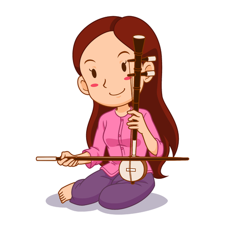 Cartoon character of girl playing Saw-U. Thai bowed string instrument.のイラスト素材