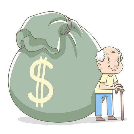 Cartoon illustration of old man and big saving money bag.のイラスト素材