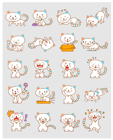 Set of cute cartoon white cats in different poses.のイラスト素材