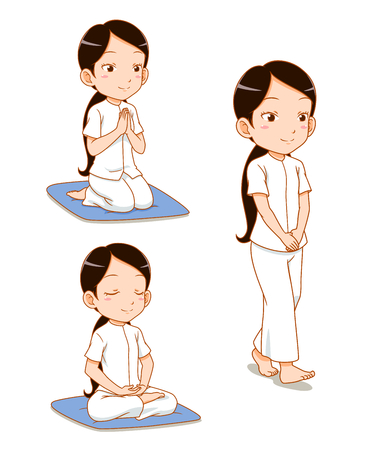 Cartoon character of girl meditating, observe Buddhist Precepts, practices Dharma.のイラスト素材