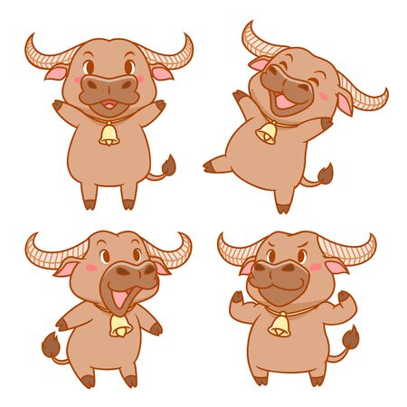 Set of cute cartoon buffalo in different poses.のイラスト素材