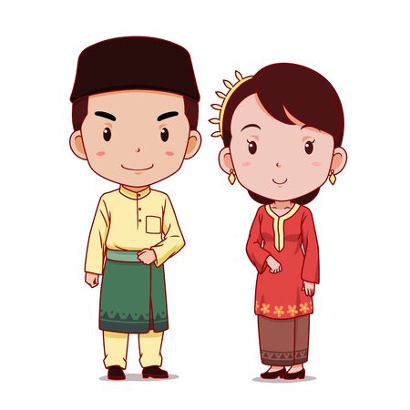 Couple of cartoon characters in Malaysian traditional costume.のイラスト素材