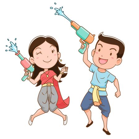 Cartoon character of boy and girl holding water gun in Songkran festival, Thailand.のイラスト素材