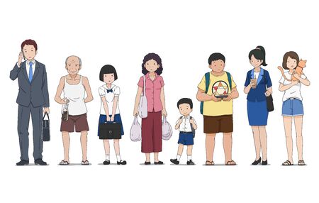 Set of various people in different poses standing on street.のイラスト素材
