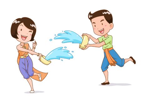 Cartoon character of boy and girl splashing water with water bowl in Songkran festival, Thailand.のイラスト素材