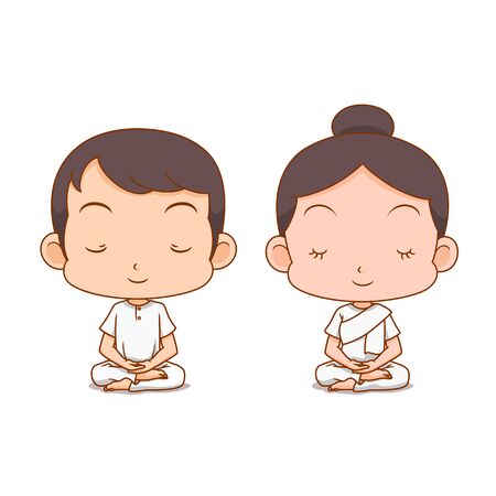 Cartoon character of boy and girl meditating in white clothes.のイラスト素材