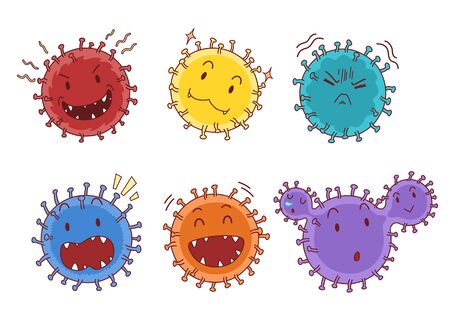 Cartoon character of cute Coronavirus, Covid-19 in different expression and colorful.のイラスト素材