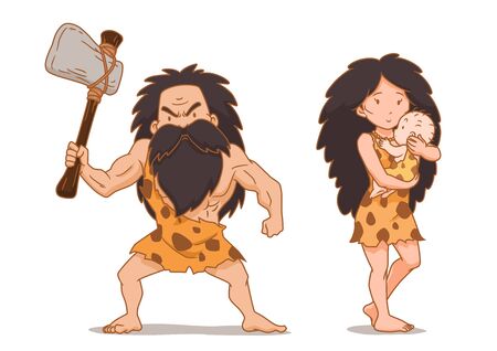 Cartoon character of caveman holding stone axe and cavewoman carrying baby.のイラスト素材