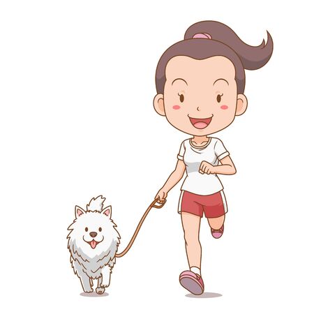 Cartoon character of girl running with Pomeranian dog.のイラスト素材