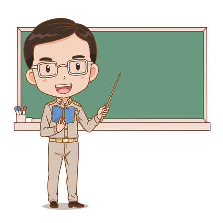 Cartoon illustration of Thai male teacher holding a stick in front of blackboard.のイラスト素材