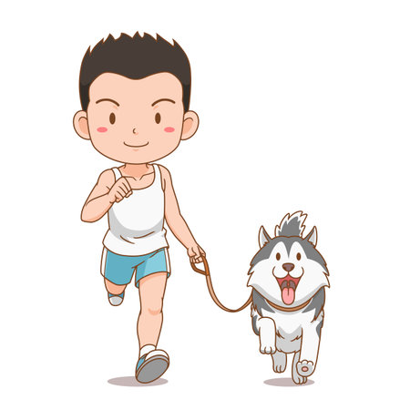 Cartoon character of boy running with Siberian Husky dog.のイラスト素材