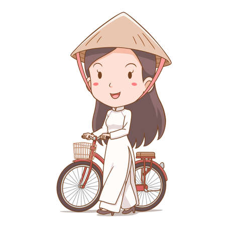 Cartoon character of Vietnamese girl in traditional costume walking with bicycle.のイラスト素材