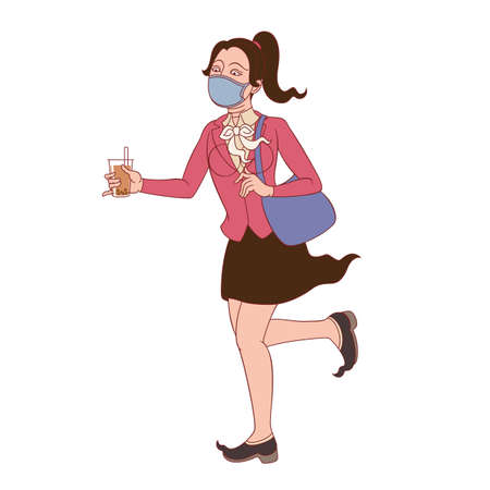Cartoon illustration of business woman wearing a face mask in Thai traditional style.のイラスト素材