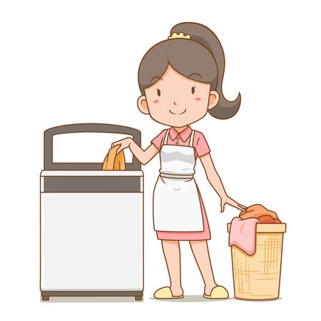 Cartoon character of housekeeper putting clothes in the washing machine.のイラスト素材