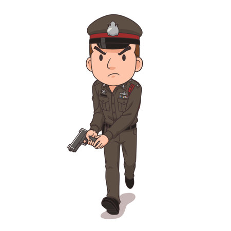 Cartoon character of Thai policeman holding a gun.のイラスト素材